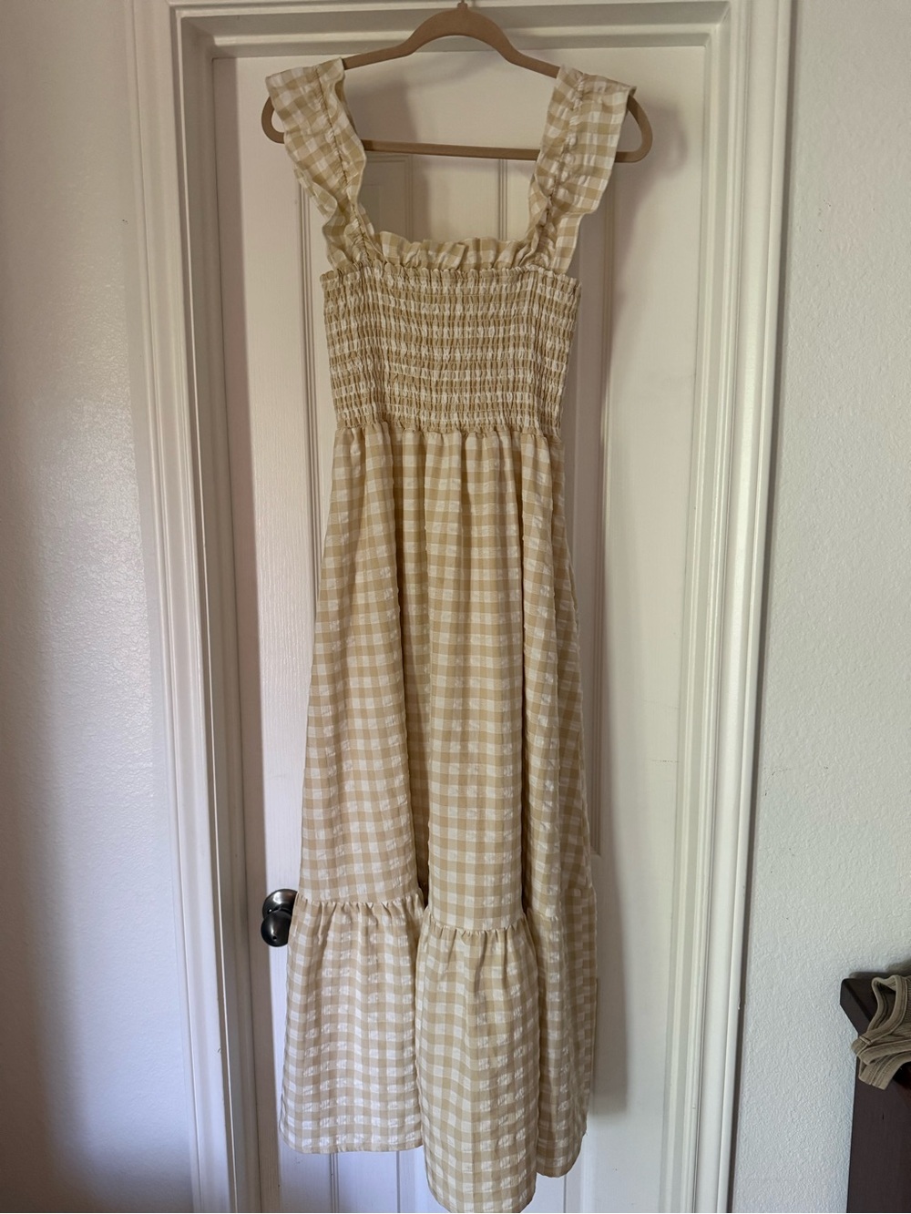 Beige Gingham Smocked Sundress